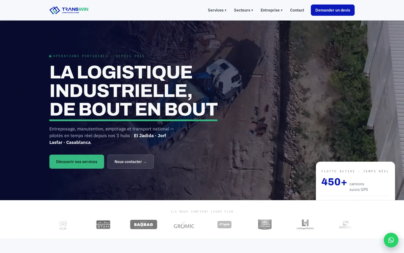 Page d'accueil du site Transwin sur ordinateur